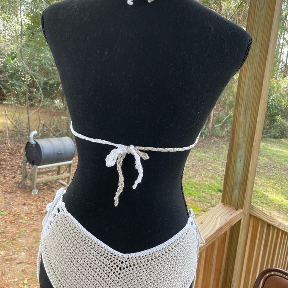Crochet, hand crocheted, two tone, cream and white bikini set - Picture 4 of 13